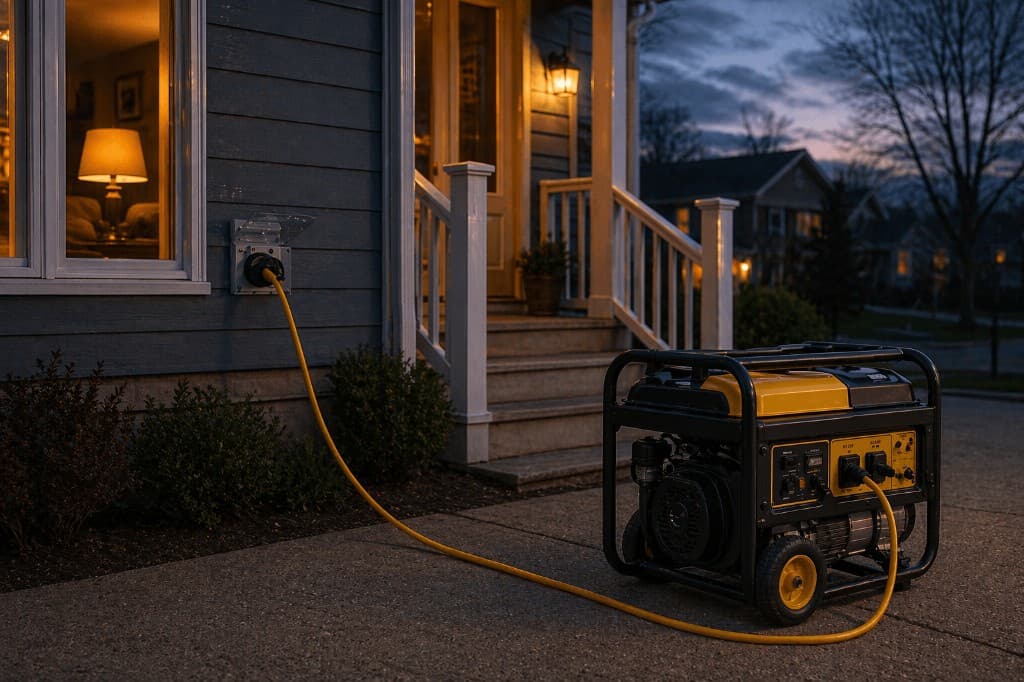 portable generator outside a house during a nighttime power outage