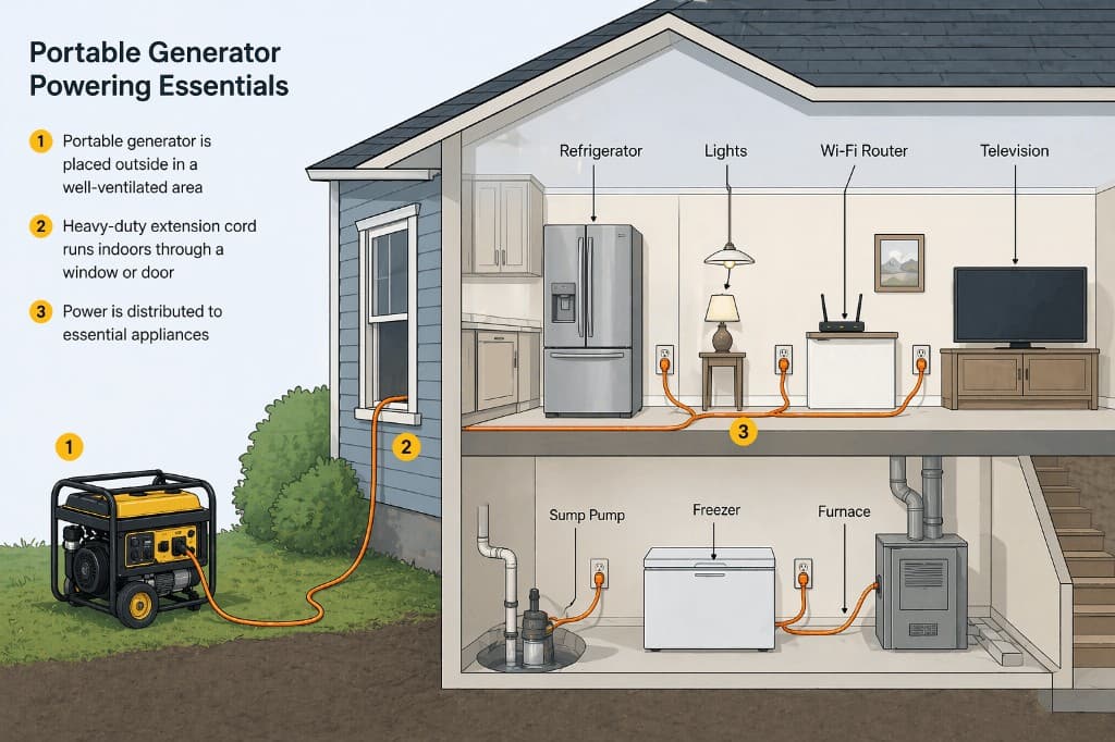 diagram showing safe generator placement and extension cord routing for home backup